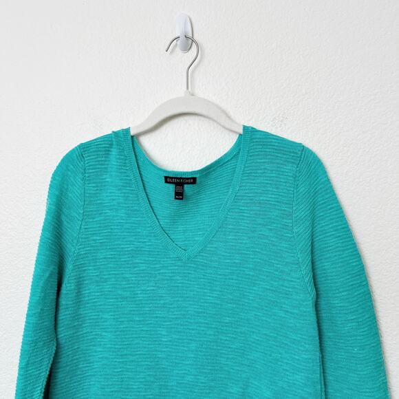 [Eileen Fisher] Turquoise Linen Cotton Blend Long Sleeve V-Neck Sweater Size XS - Picture 3 of 10